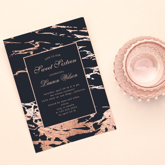 Rose Gold Faux Foil Marble Sweet Sixteen Invitation (Creator Uploaded)