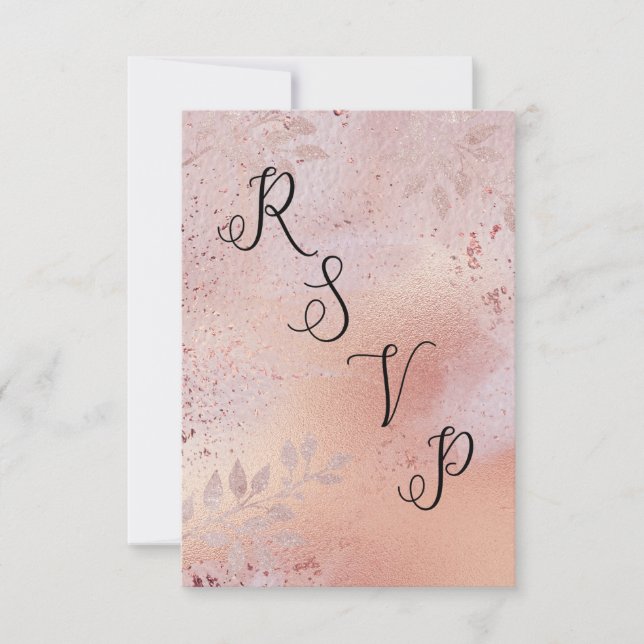 Rose Gold Faux Foil Texture and Foliage RSVP Card (Front)