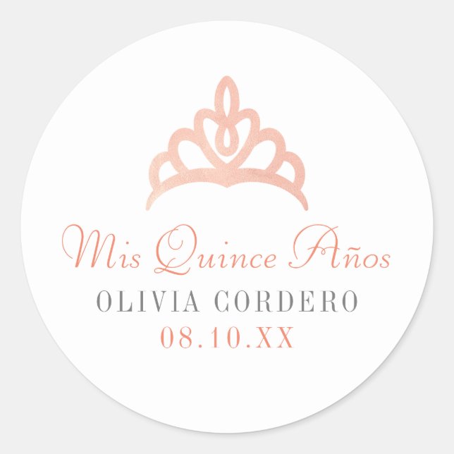 Rose Gold Faux Foil Tiara Quinceañera Classic Round Sticker (Front)
