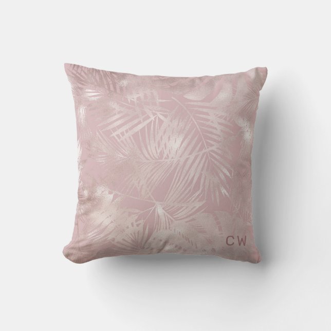 Rose gold faux foil tropical foliage monogram cushion (Front)