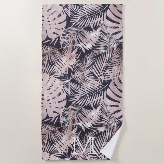 Rose gold faux foil tropical leaves monogram beach towel (Front)