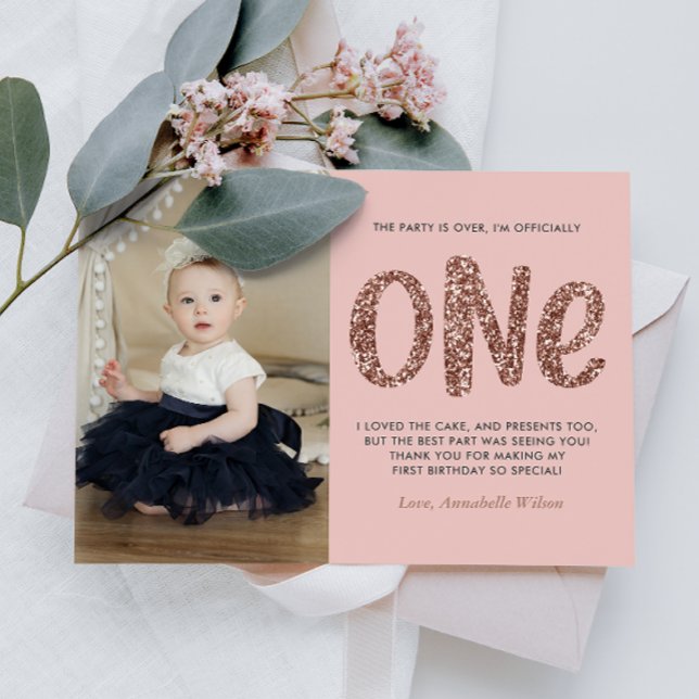 Rose Gold Faux Glitter 1st Birthday Thank You Postcard (Creator Uploaded)