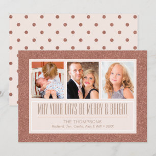 Rose Gold Faux Glitter 3 Photo Holiday Card