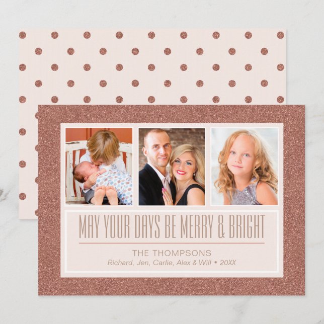 Rose Gold Faux Glitter | 3 Photo Holiday Card (Front/Back)