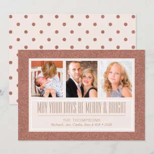 Rose Gold Faux Glitter   3 Photo Holiday Card