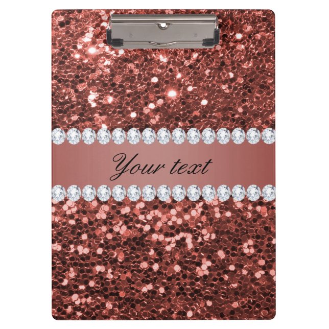 Rose Gold Faux Glitter and Diamonds Personalised Clipboard (Front)