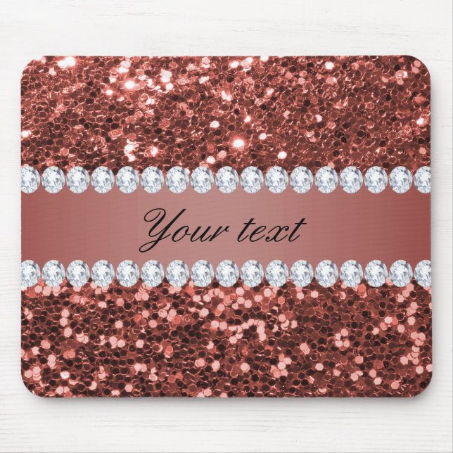 Rose Gold Faux Glitter and Diamonds Personalised Mouse Mat (Front)