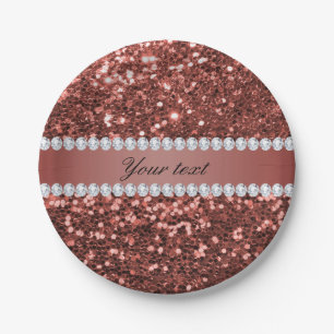 Rose Gold Faux Glitter and Diamonds Personalised Paper Plate
