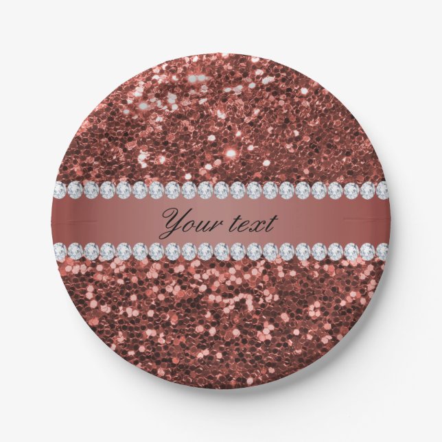 Rose Gold Faux Glitter and Diamonds Personalised Paper Plate (Front)