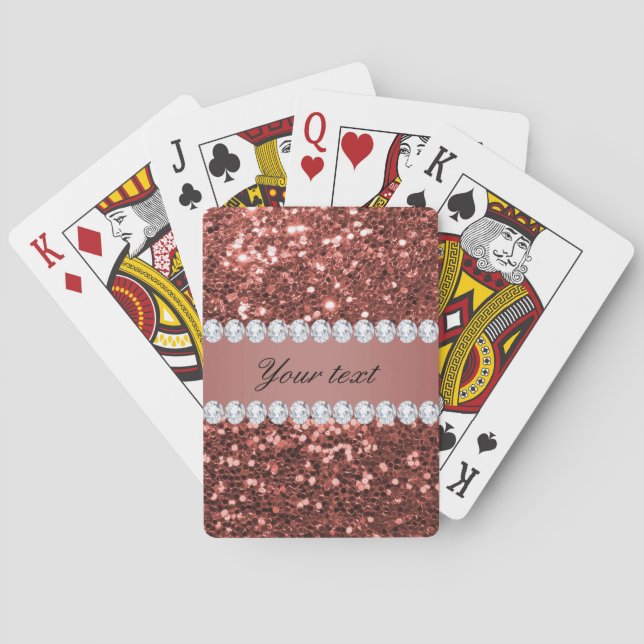 Rose Gold Faux Glitter and Diamonds Personalised Playing Cards (Back)