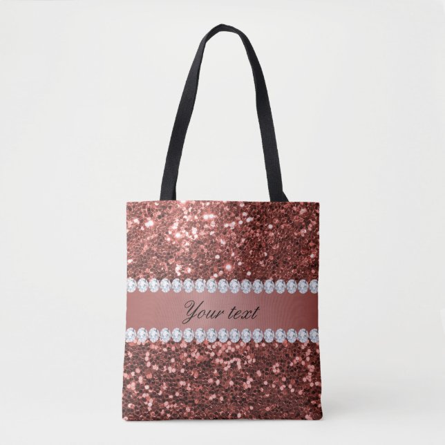 Rose Gold Faux Glitter and Diamonds Personalised Tote Bag (Front)