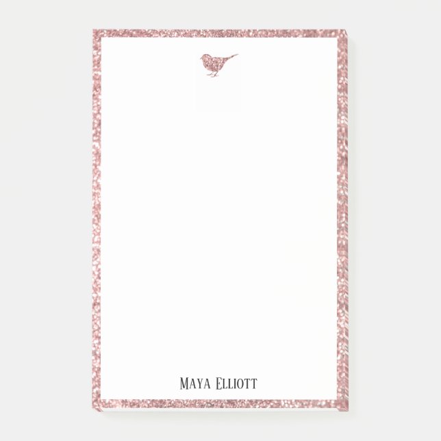 Rose Gold Faux Glitter Bird & Border on White Post-it Notes (Front)
