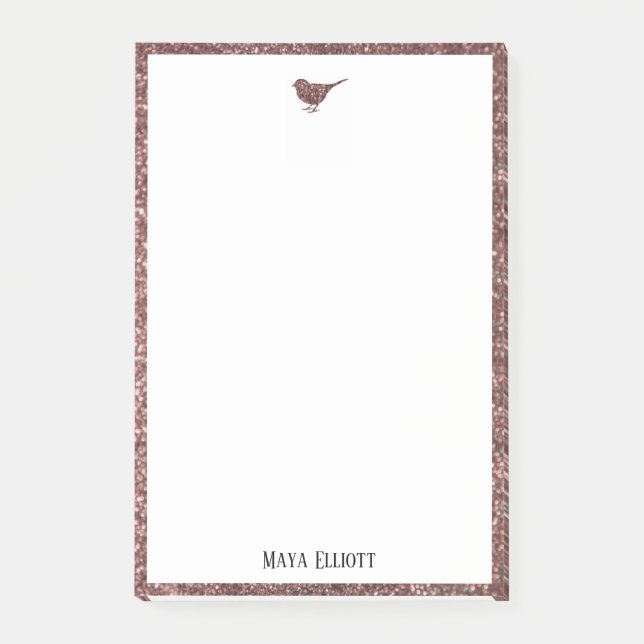 Rose Gold Faux Glitter Bird & Border on White Post-it Notes (Front)