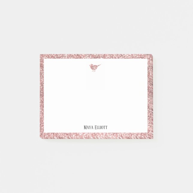 Rose Gold Faux Glitter Bird & Border w/ White Post-it Notes (Front)