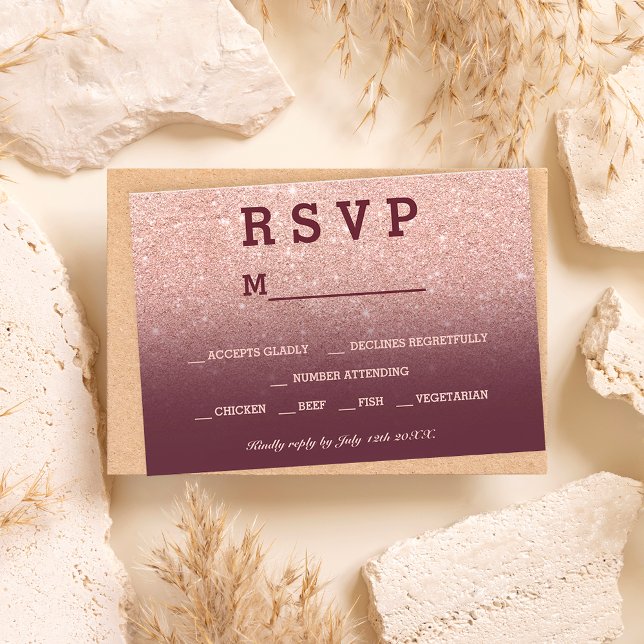 Rose gold faux glitter burgundy ombre RSVP wedding (Creator Uploaded)