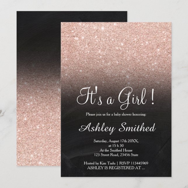 Rose gold faux glitter chalkboard girl baby shower invitation (Front/Back)
