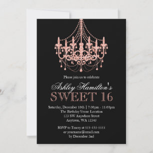 Rose Gold Faux Glitter Chandelier Sweet 16 Invitation