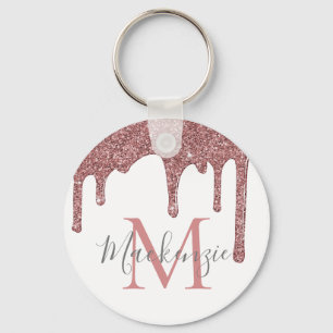 Rose Gold Faux Glitter Drips on White Monogram Key Ring