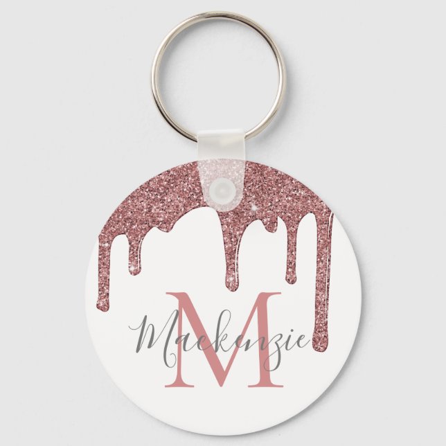 Rose Gold Faux Glitter Drips on White Monogram Key Ring (Front)