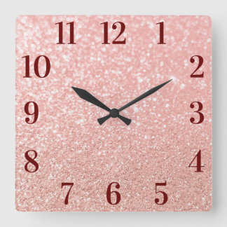 Rose Gold Faux Glitter Elegant Burgundy Numbers Square Wall Clock
