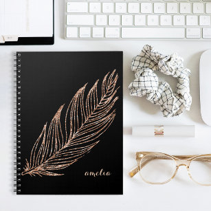 Rose Gold Faux Glitter Feather Personalised Notebook