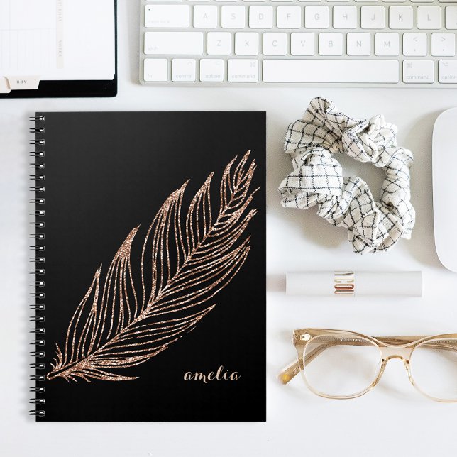 Rose Gold Faux Glitter Feather Personalised Notebook (Creator Uploaded)