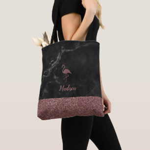 Rose Gold Faux Glitter Flamingo on Black Marble Tote Bag
