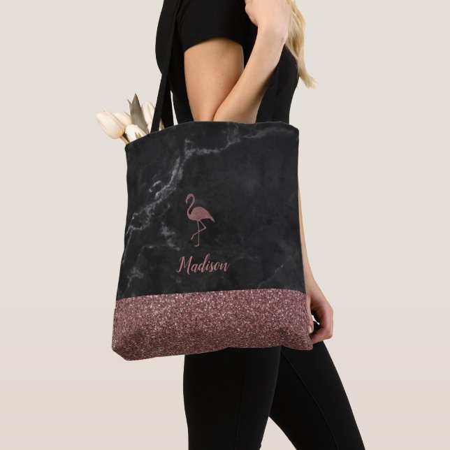 Rose Gold Faux Glitter Flamingo on Black Marble Tote Bag (Close Up)