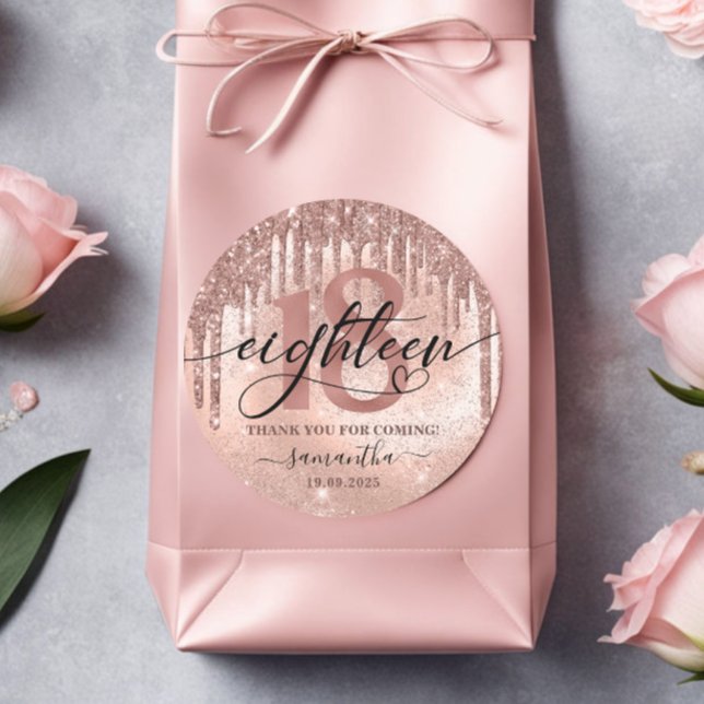 Rose Gold Faux Glitter & Foil 18th Birthday Party Classic Round Sticker (Creator Uploaded)