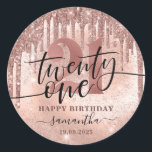Rose Gold Faux Glitter & Foil 21st Birthday   Classic Round Sticker<br><div class="desc">Modern,  trendy 21st birthday sticker. Design features typography script ''twenty one'' ,  rose gold glitter drips,  faux foil and sparkly glitter background,  number 21 in trendy rose gold lettering ,  name and date.</div>