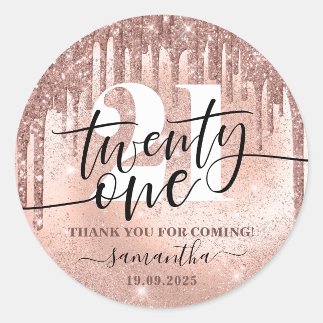 Rose Gold Faux Glitter & Foil 21st Birthday    Classic Round Sticker (Front)