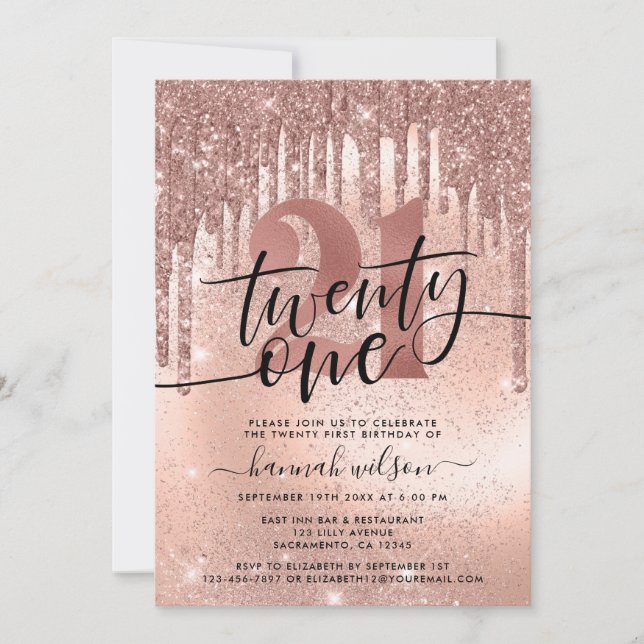 Rose Gold Faux Glitter & Foil 21st Birthday Party Invitation (Front)