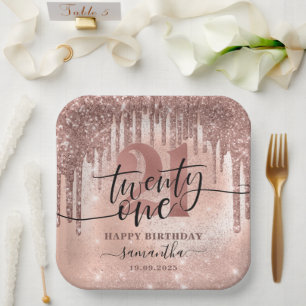 Rose Gold Faux Glitter & Foil 21st Birthday Party  Paper Plate