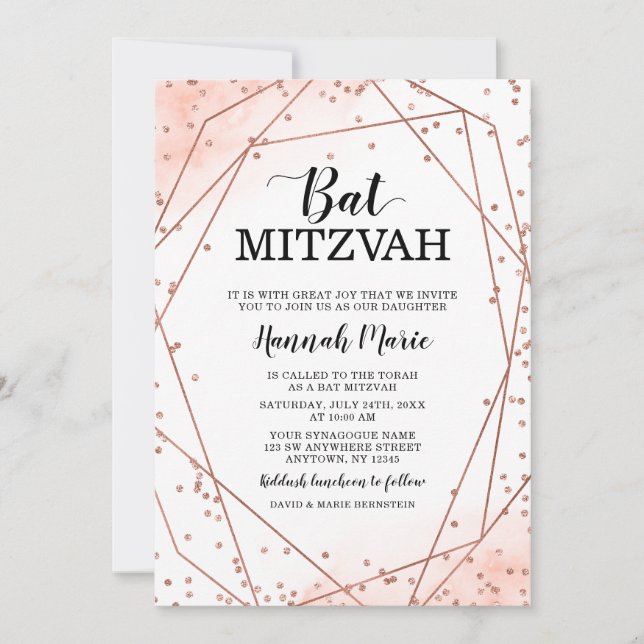 Rose Gold Faux Glitter Geometric Bat Mitzvah Invitation (Front)