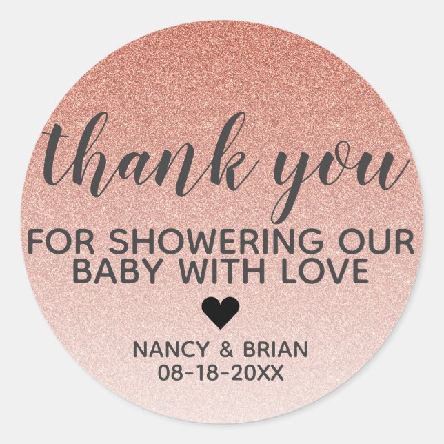 Rose Gold Faux Glitter Girl Baby Shower Thank You Classic Round Sticker (Front)