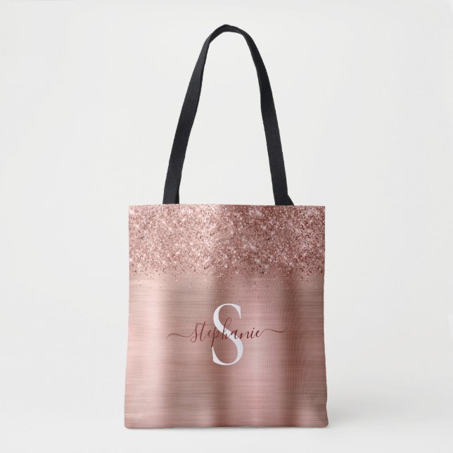 Rose Gold Faux-Glitter Girly Glam Monogram Tote Bag (Front)