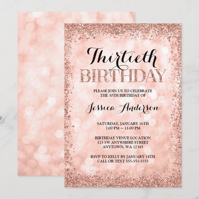 Rose Gold Faux Glitter Lights 30th Birthday Invitation (Front/Back)