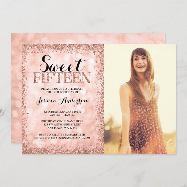 Rose Gold Faux Glitter Lights Sweet 15 Quinceanera Invitation (Front/Back)