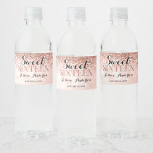 Rose Gold Faux Glitter Lights Sweet 16 Birthday Water Bottle Label