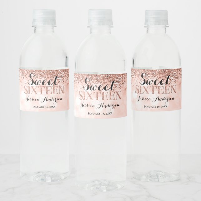Rose Gold Faux Glitter Lights Sweet 16 Birthday Water Bottle Label (Bottles)