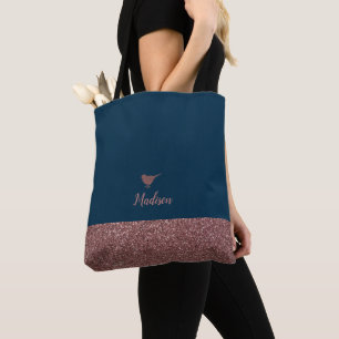 Rose Gold Faux Glitter Little Bird on Navy Tote Bag