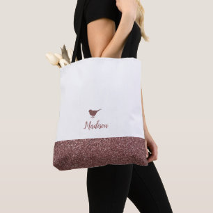 Rose Gold Faux Glitter Little Bird on White Tote Bag