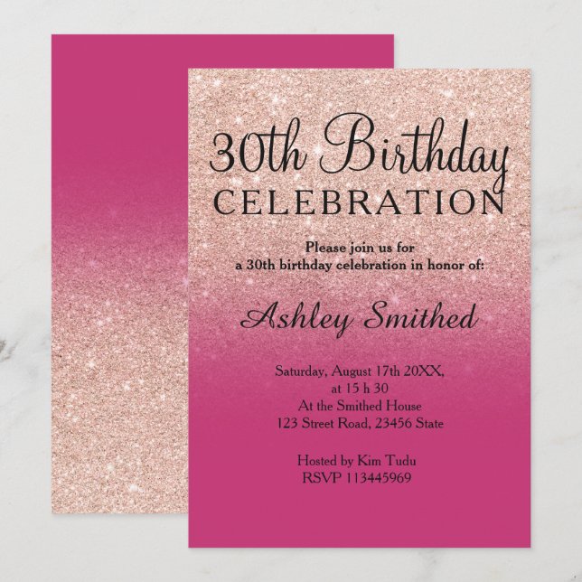 Rose gold faux glitter magenta ombre 30th birthday invitation (Front/Back)