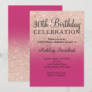 Rose gold faux glitter magenta ombre 30th birthday invitation