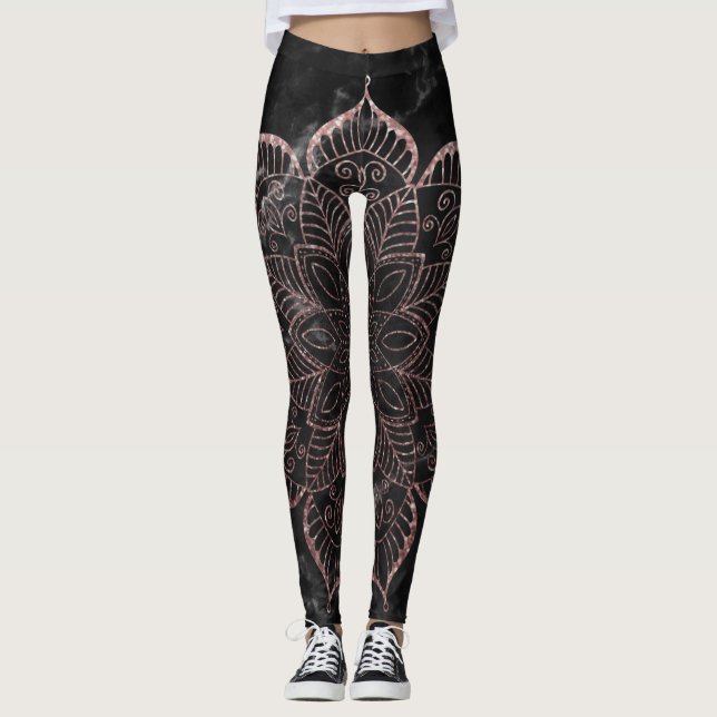 Rose Gold Faux Glitter Mandala on Black Marble Leggings (Front)