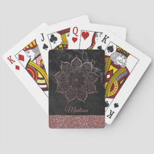 Rose Gold Faux Glitter Mandala on Black Marble Playing Cards