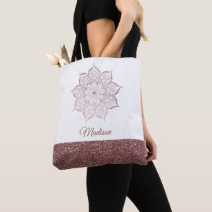 Rose Gold Faux Glitter Mandala on Editable White Tote Bag