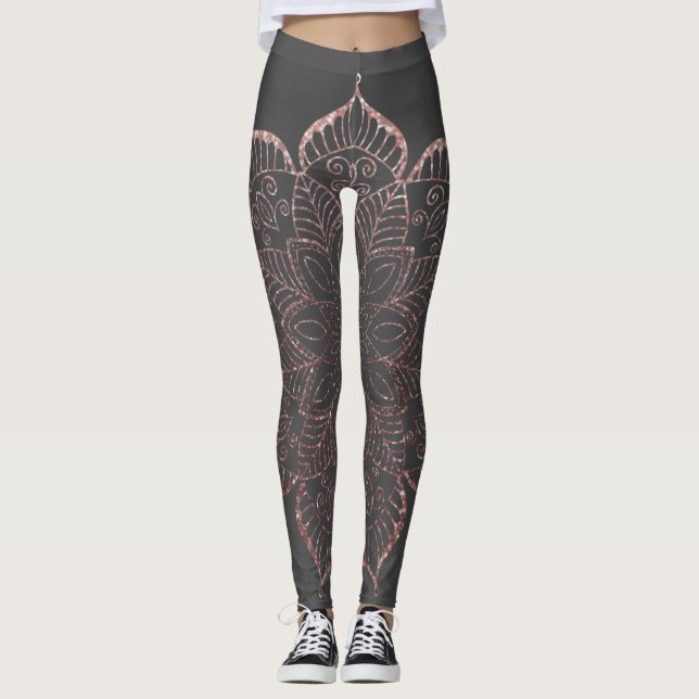 Rose Gold Faux Glitter Mandala over Dark Grey Leggings (Front)