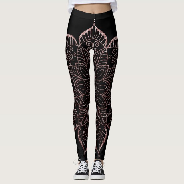 Rose Gold Faux Glitter Mandala over Solid Black Leggings (Front)