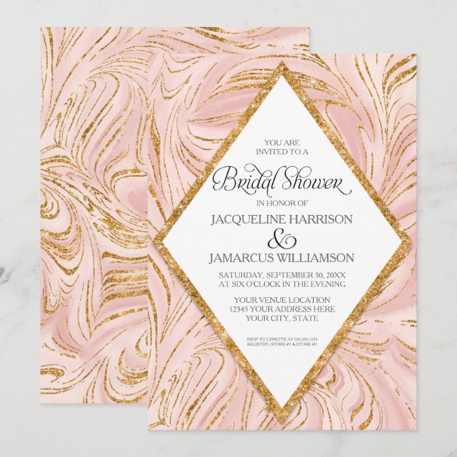 Rose Gold Faux Glitter Marble Blush Bridal Shower Invitation (Front/Back)